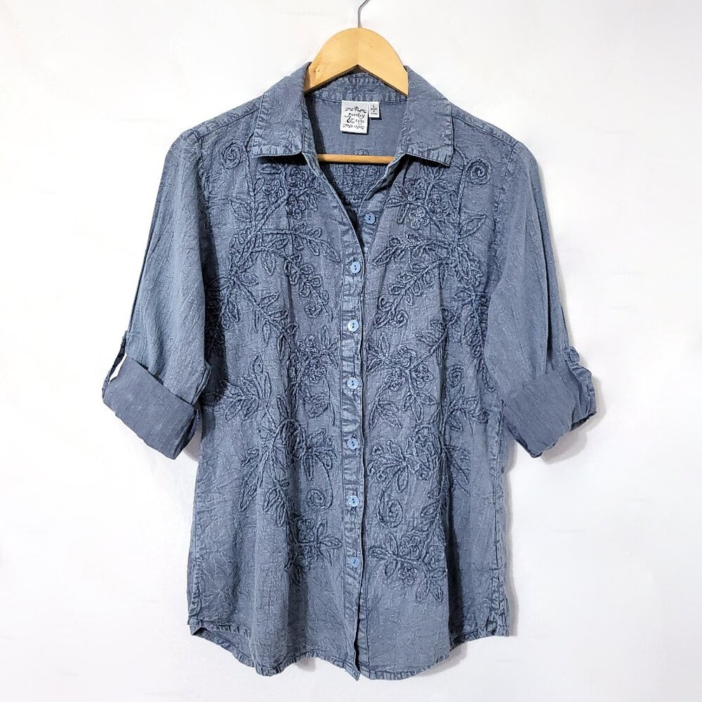 Parsley & Sage Womens Embroidered Chambray Top Size L Blue Roll Tab Cottagecore